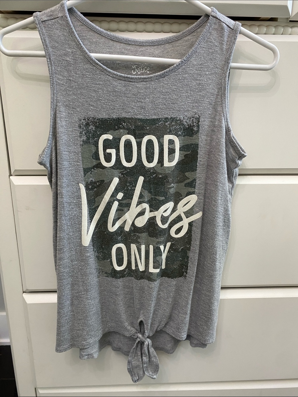 Justice Grey Tank Top with 'Good Vibes Only' Graphic and Front Tie